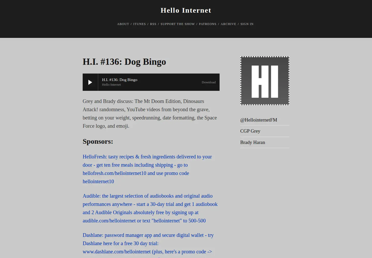 Screenshot of hellointernet.fm