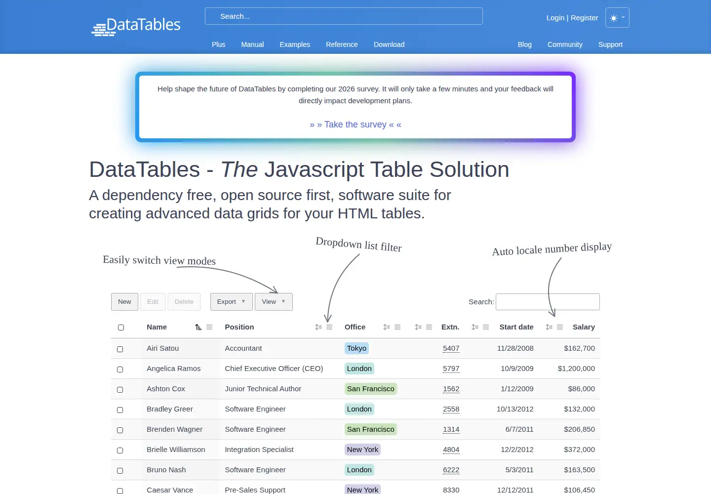 Screenshot of datatables.net