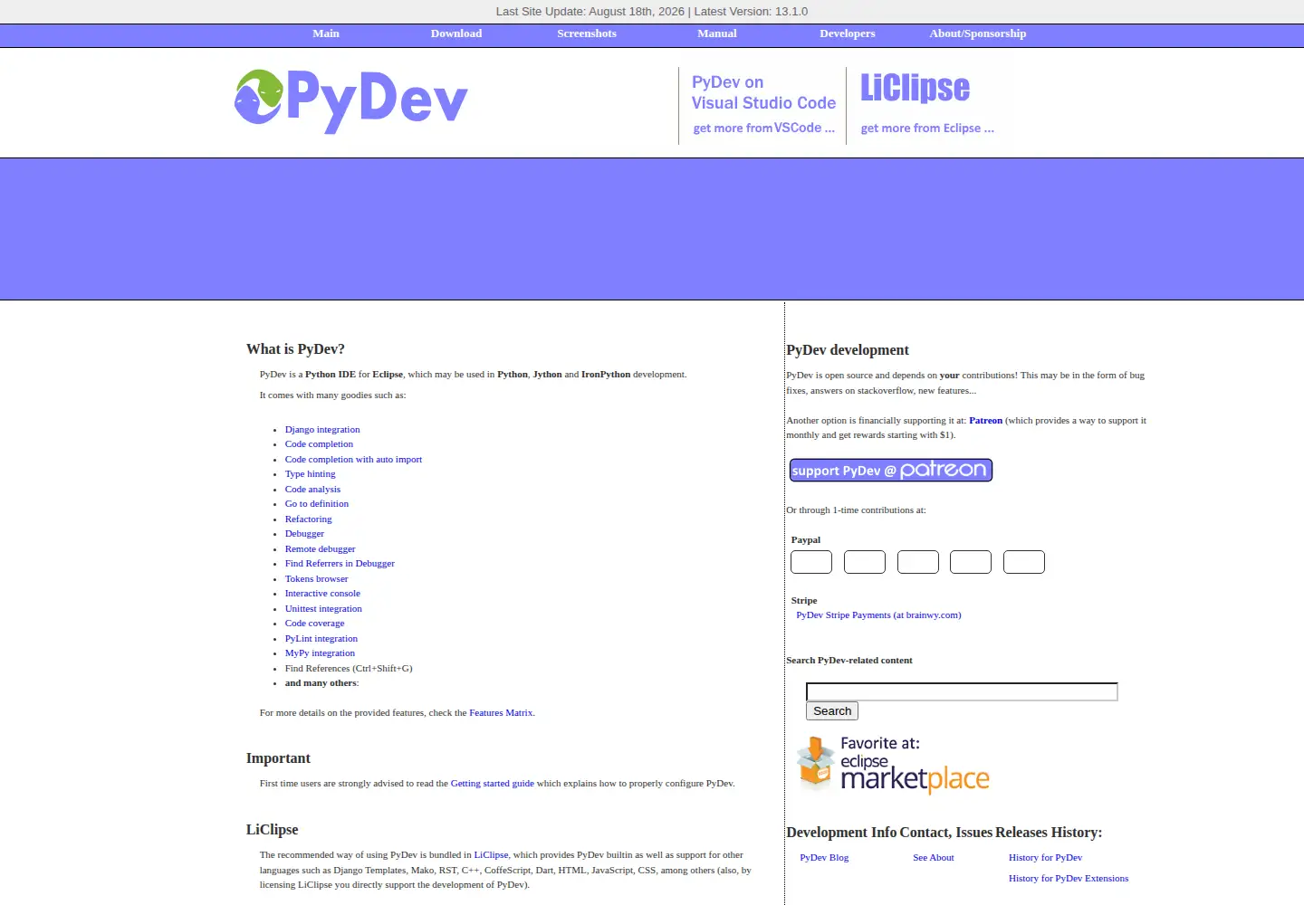 Screenshot of pydev.org