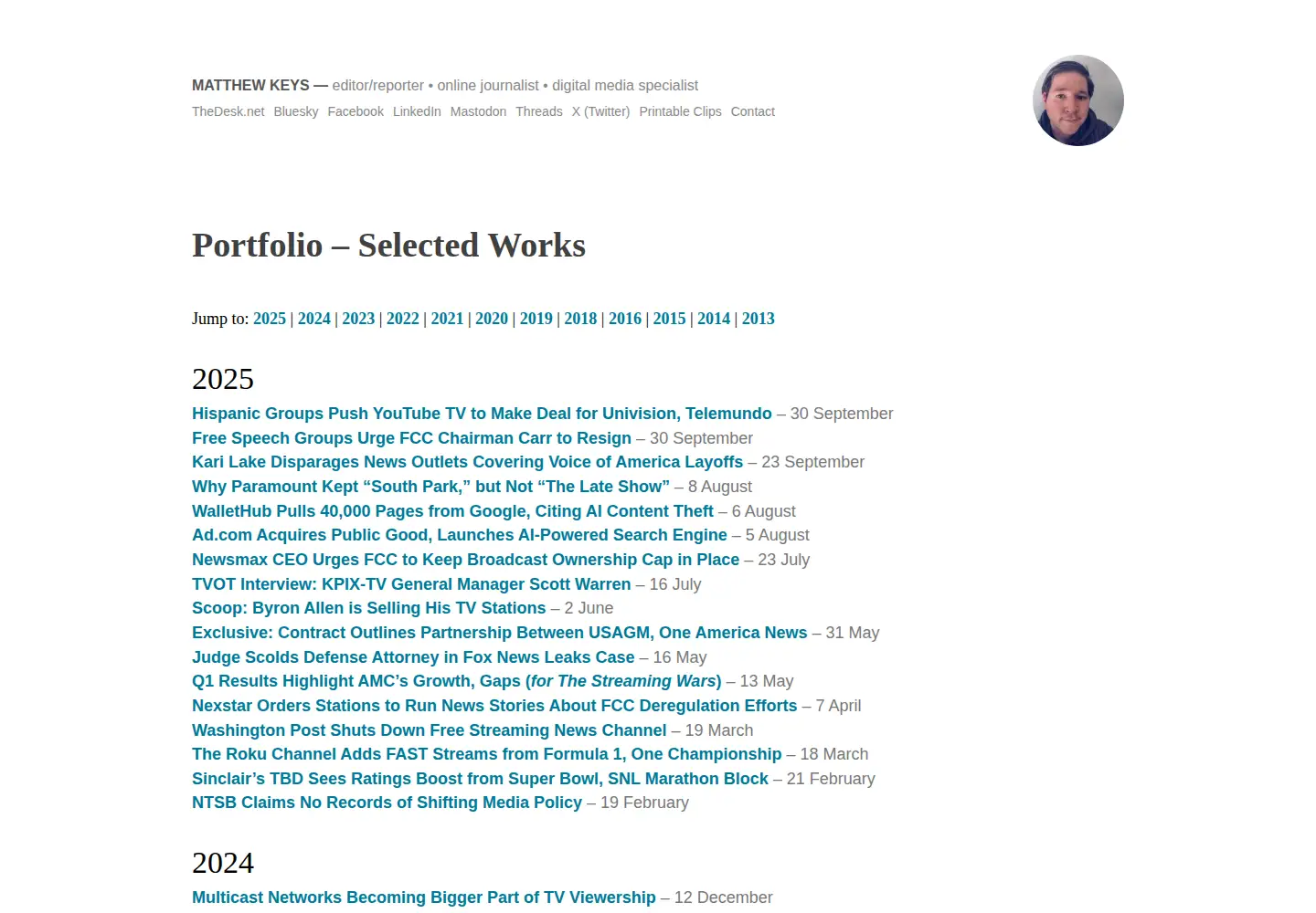 Captured homepage of matthewkeys.net in the current scan