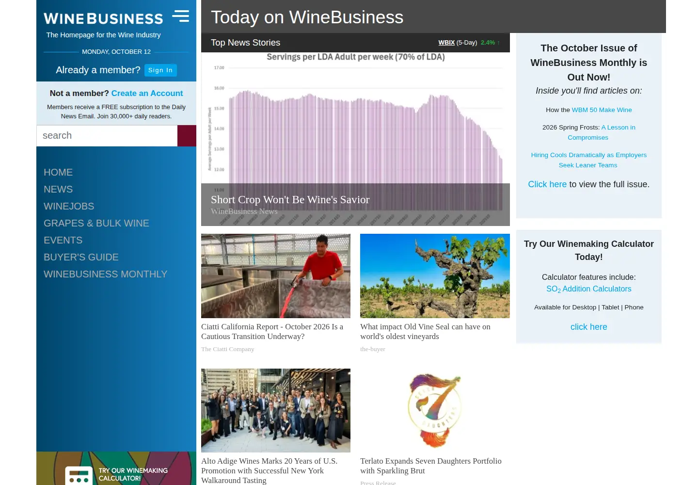 Captured homepage of winebusiness.com in the current scan
