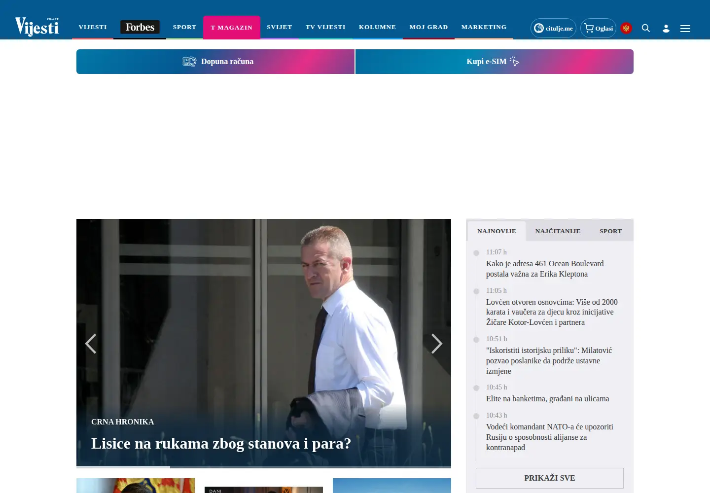 Captured homepage of vijesti.me in the current scan