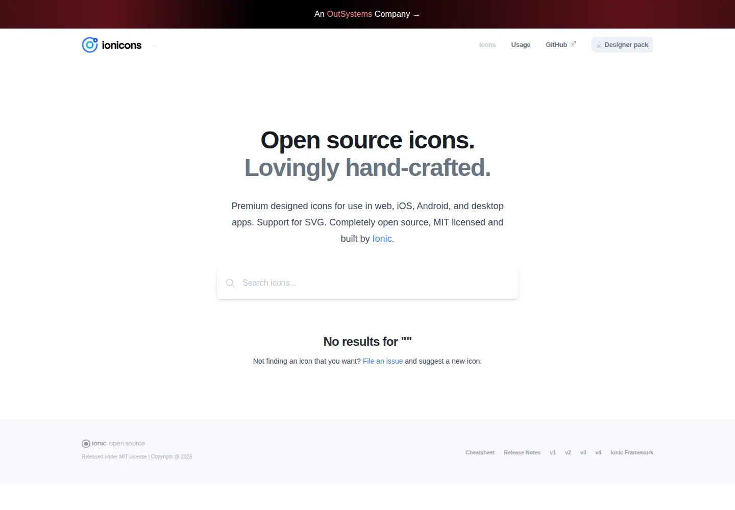 Screenshot of ionicons.com
