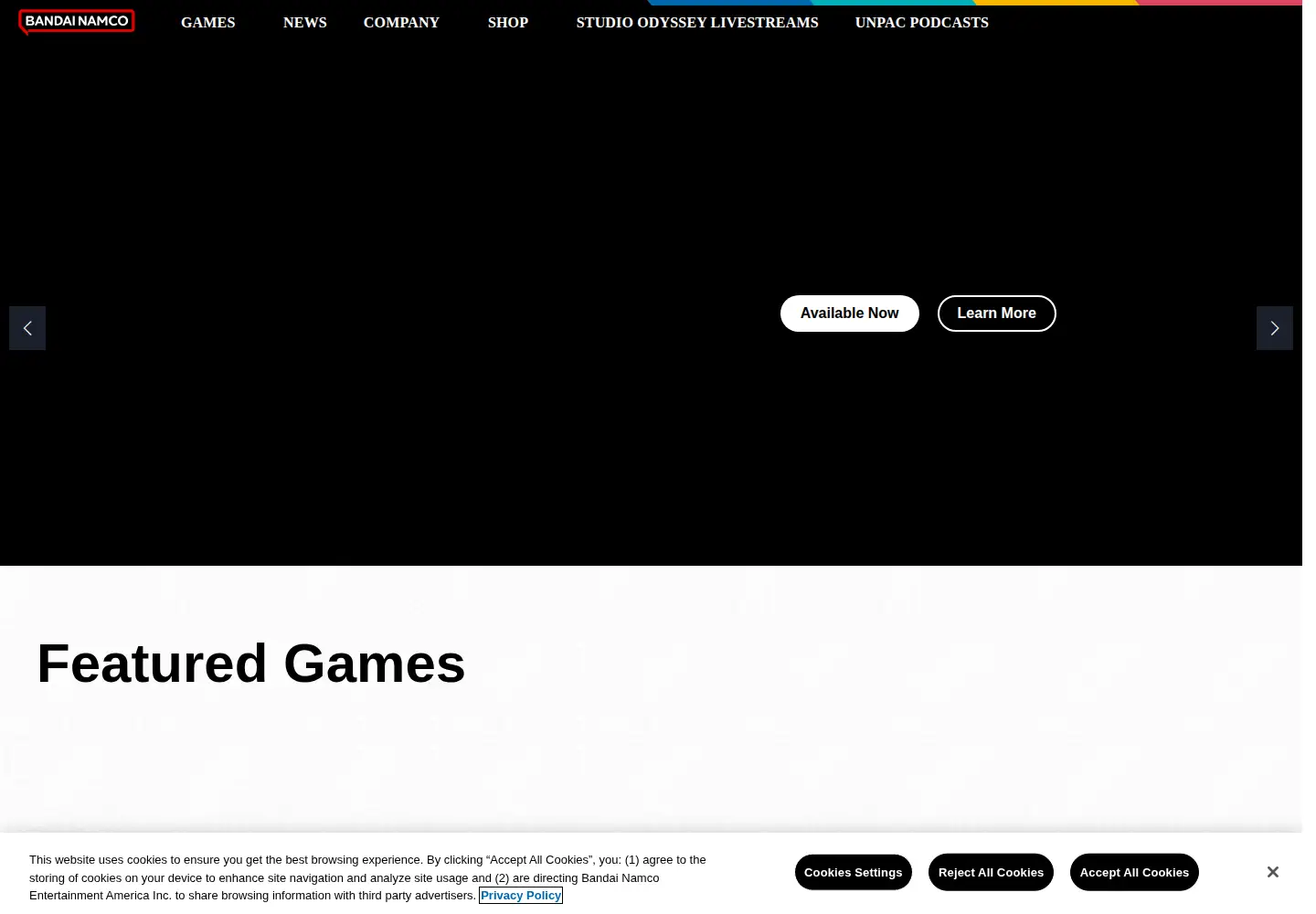 Captured homepage of bandainamcoent.com in the current scan