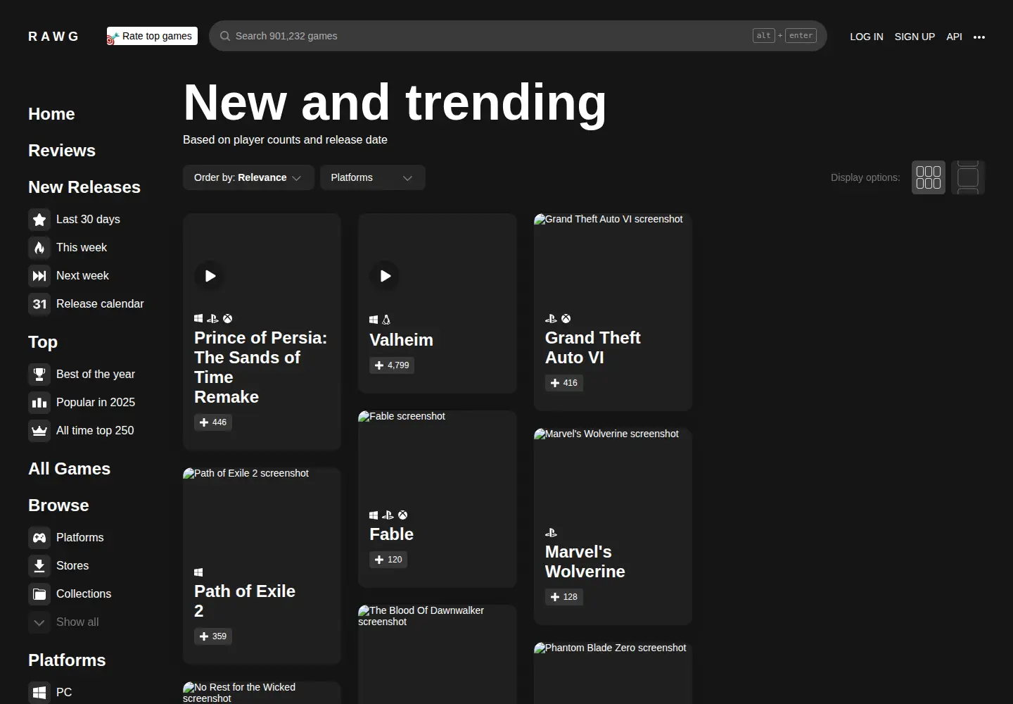 Captured homepage of rawg.io in the current scan