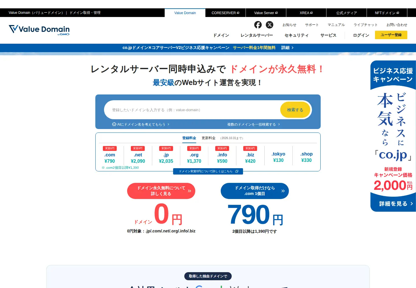 Captured homepage of value-domain.com in the current scan
