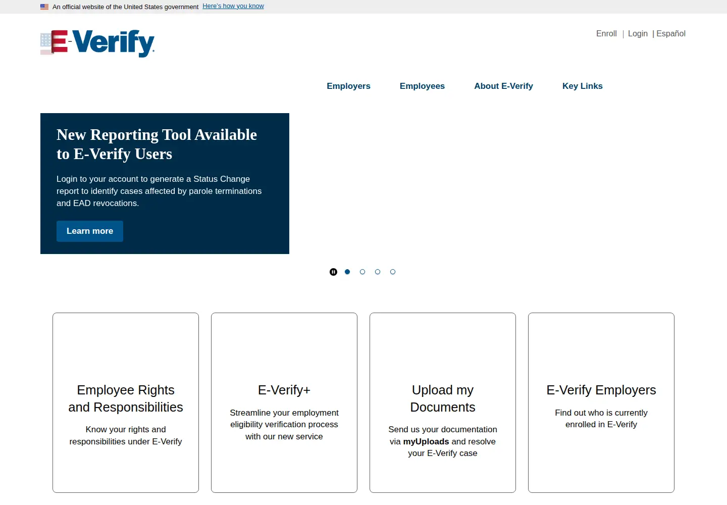 Captured homepage of e-verify.gov in the current scan