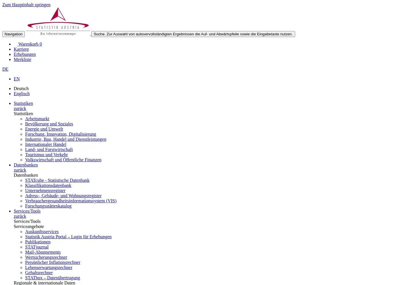 Captured homepage of statistik.at in the current scan