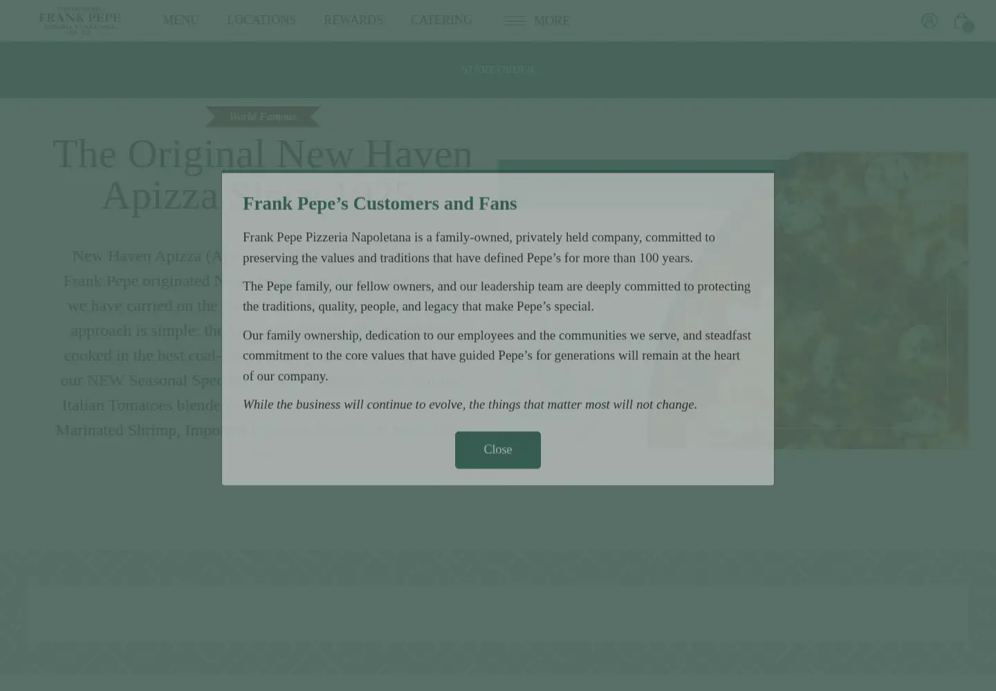 Captured homepage of pepespizzeria.com in the current scan