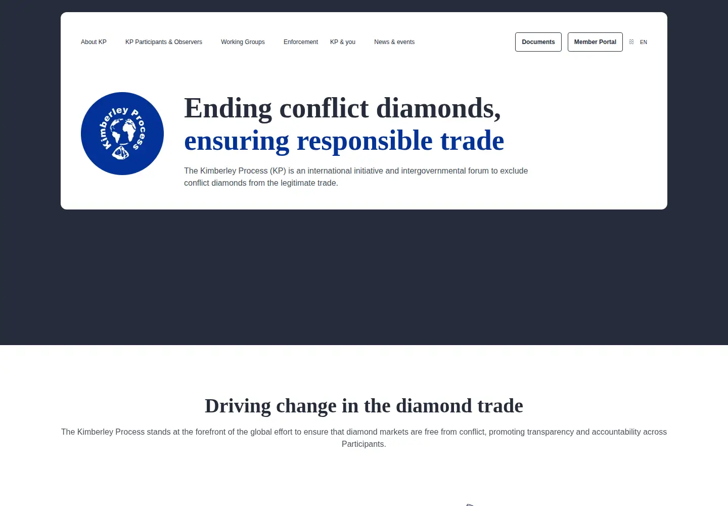 Captured homepage of kimberleyprocess.com in the current scan