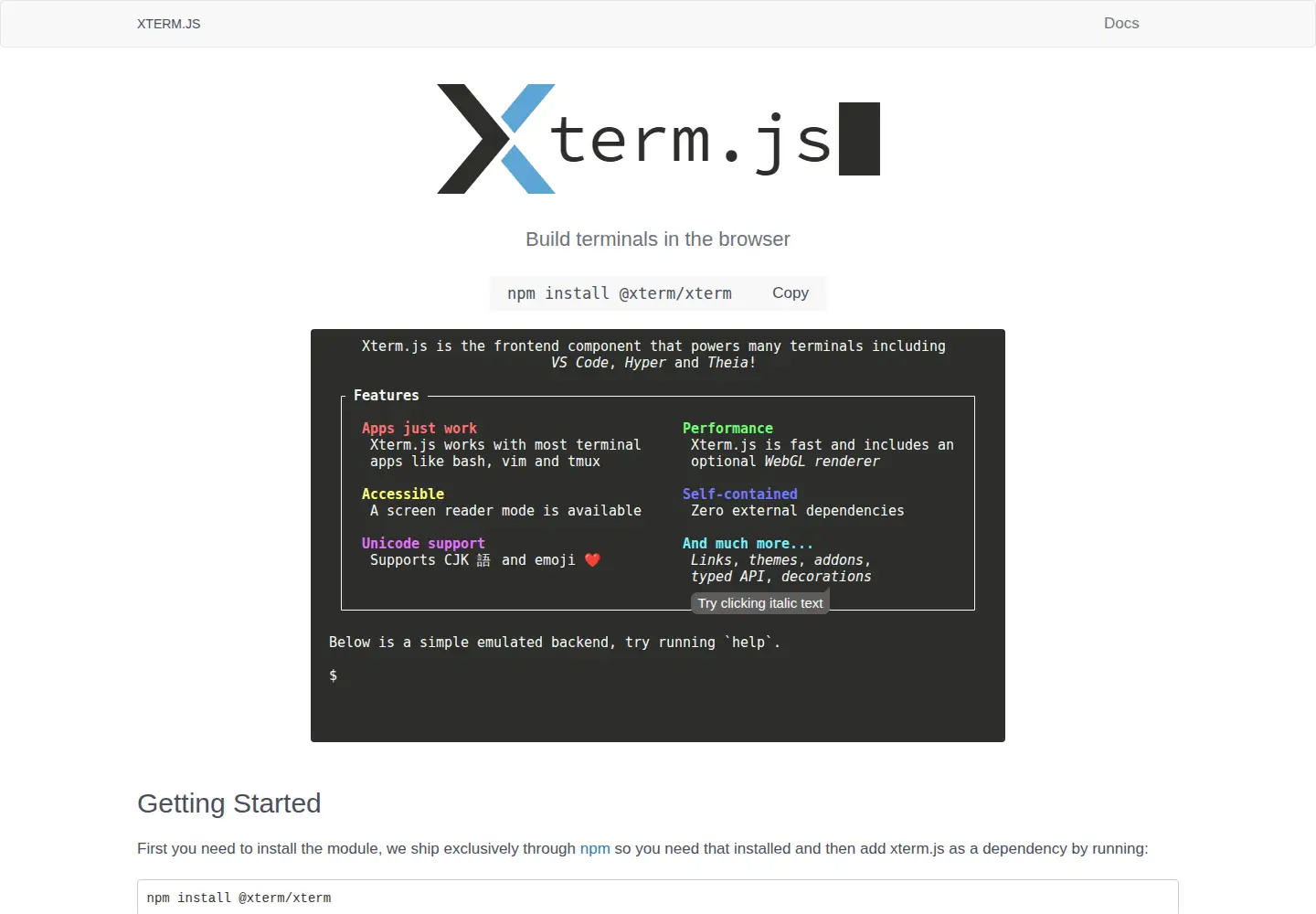 Captured homepage of xtermjs.org in the current scan