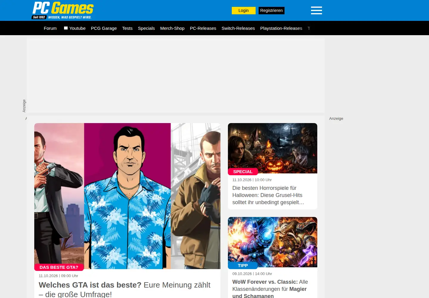 Captured homepage of pcgames.de in the current scan