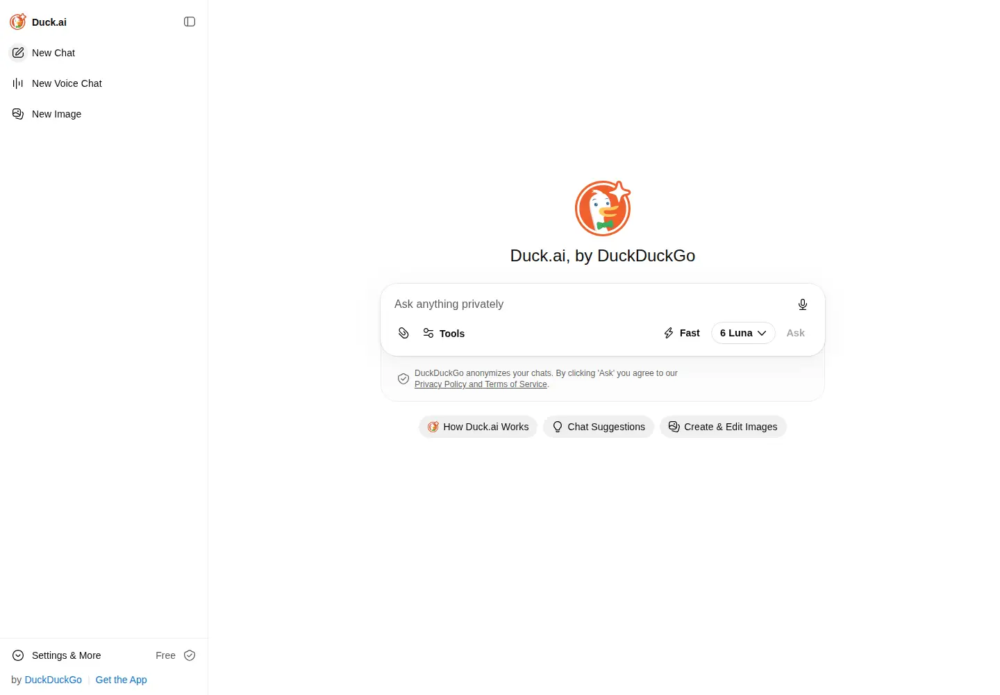 Captured homepage of duck.ai in the current scan