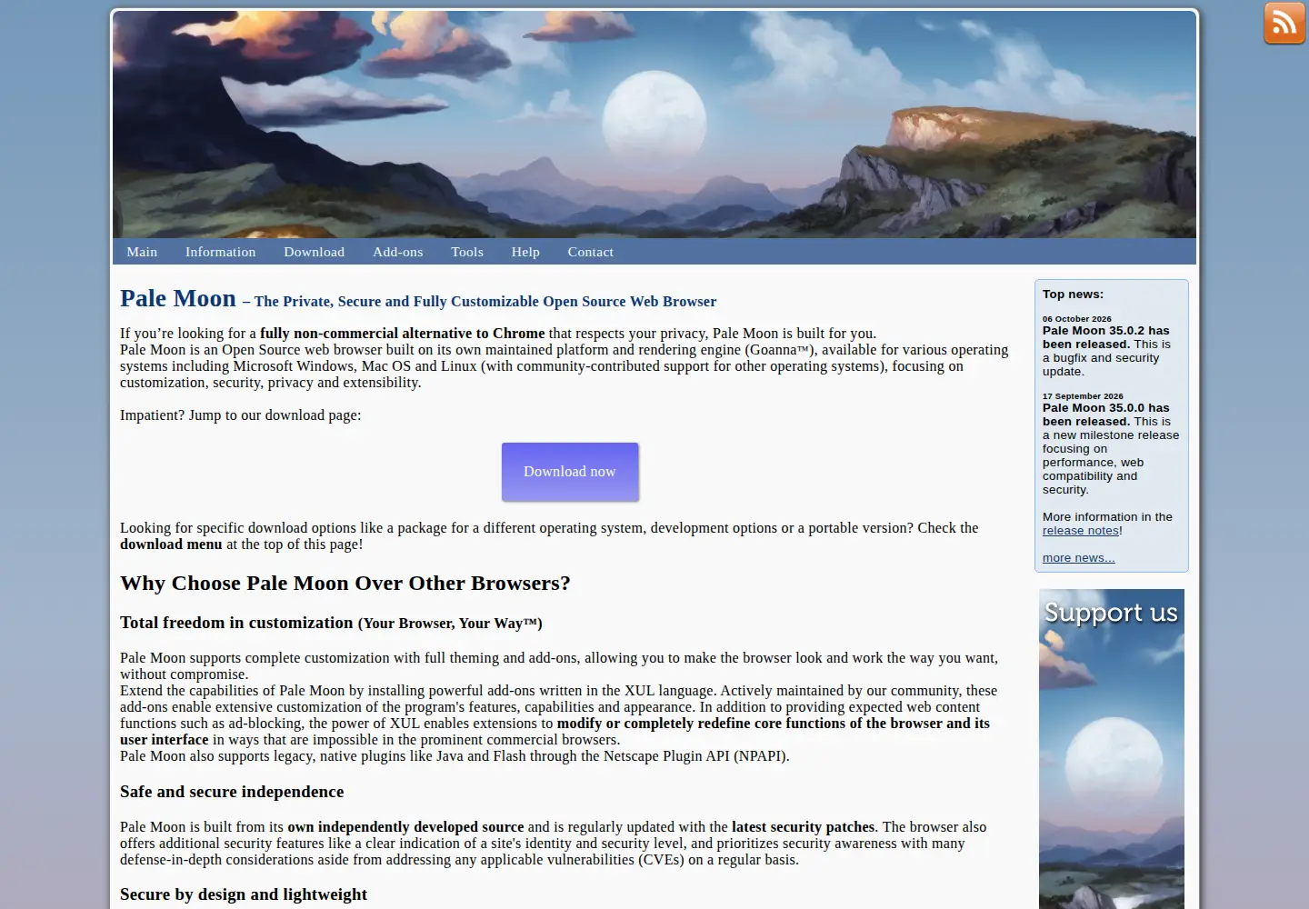Captured homepage of palemoon.org in the current scan