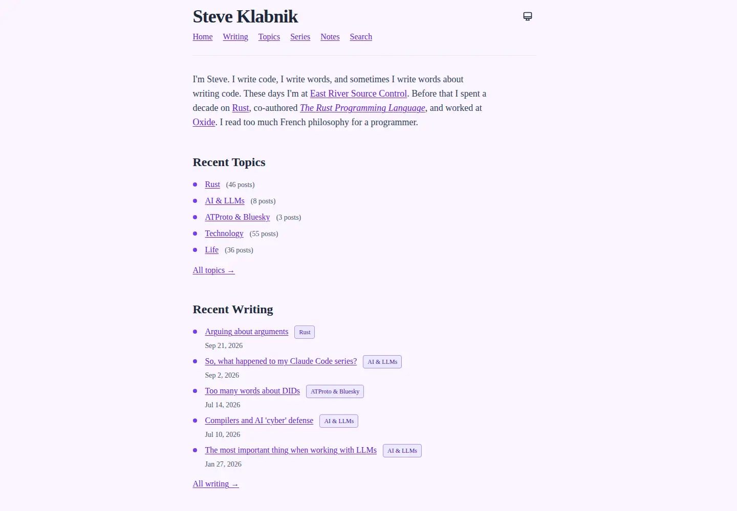 Captured homepage of steveklabnik.com in the current scan
