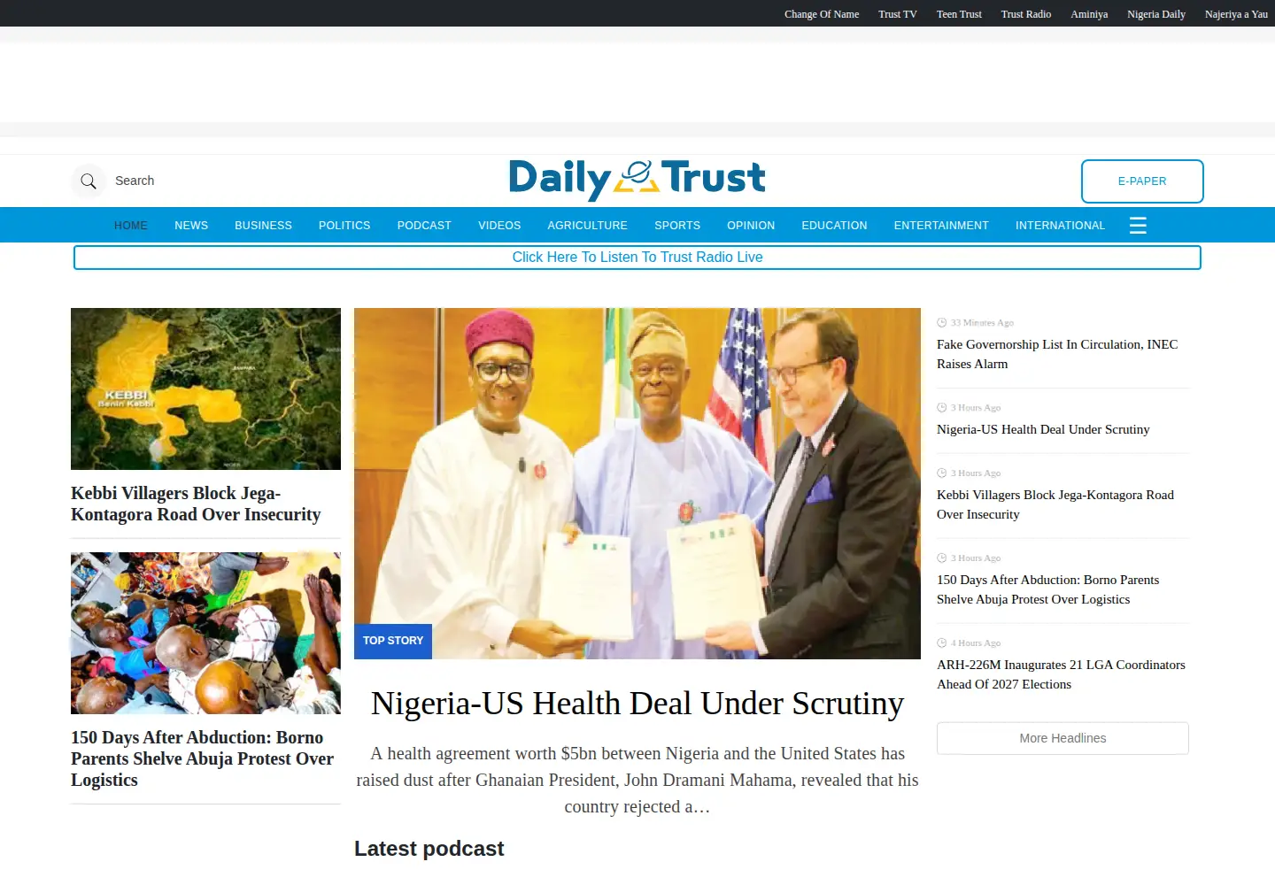 Captured homepage of dailytrust.com in the current scan