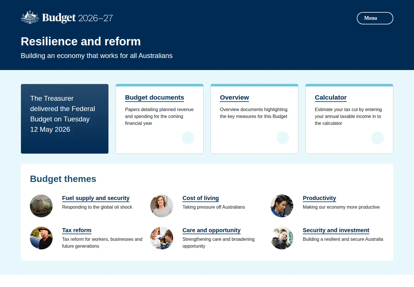 Captured homepage of budget.gov.au in the current scan
