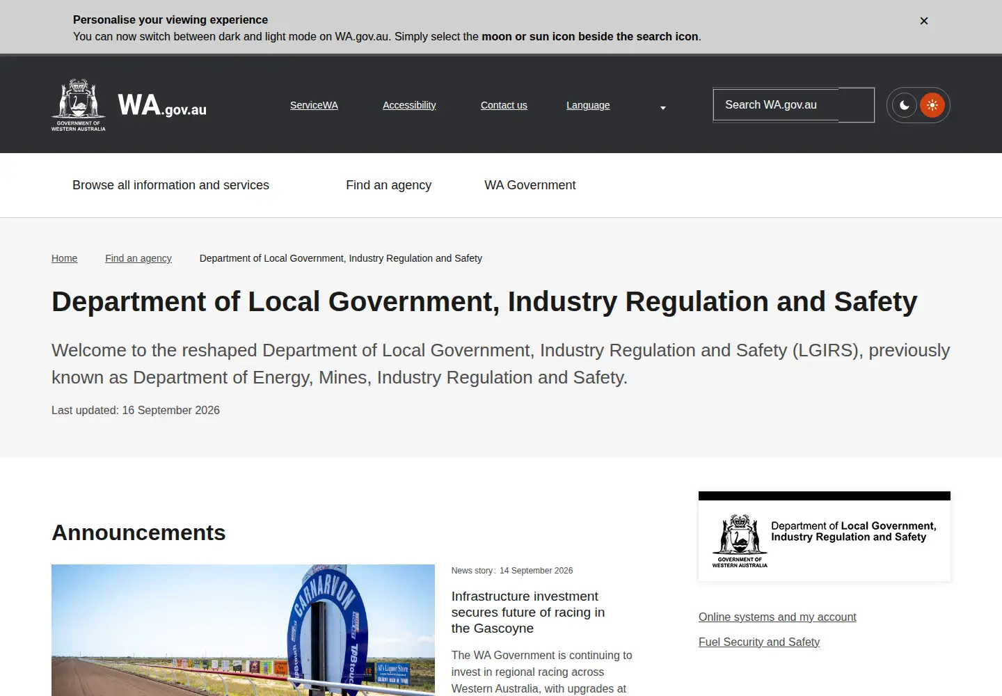 Captured homepage of commerce.wa.gov.au in the current scan