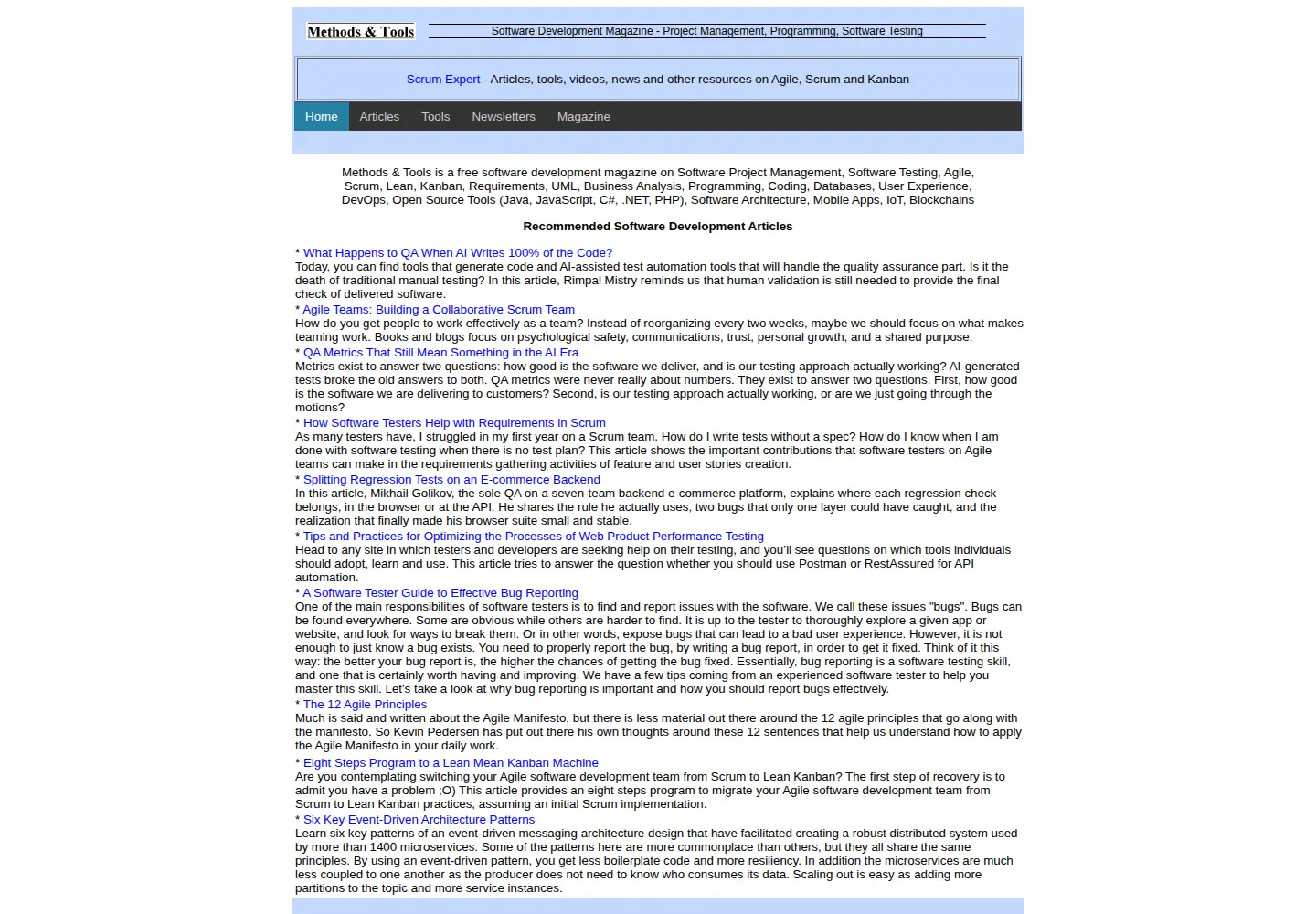 Captured homepage of methodsandtools.com in the current scan