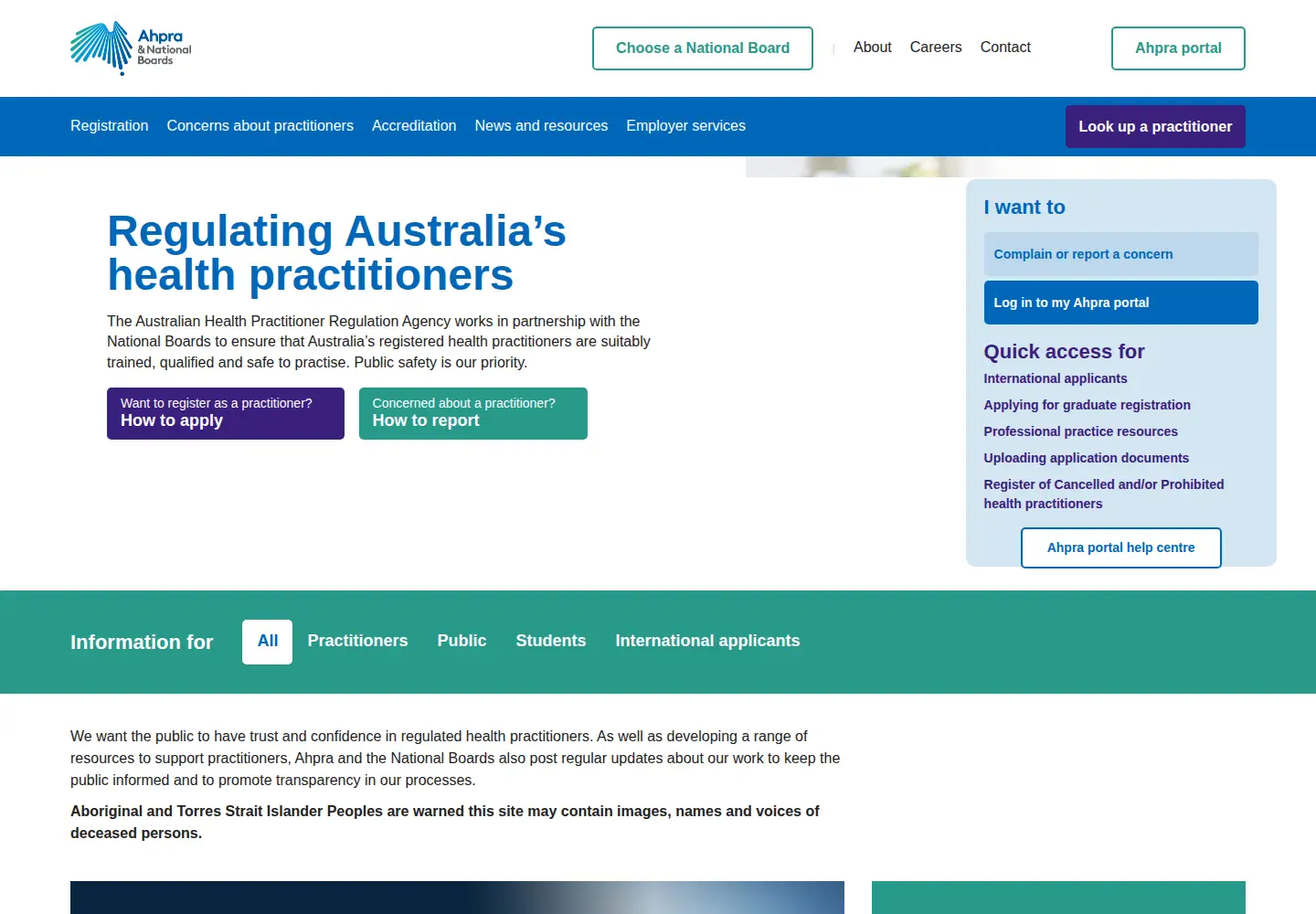 Captured homepage of ahpra.gov.au in the current scan