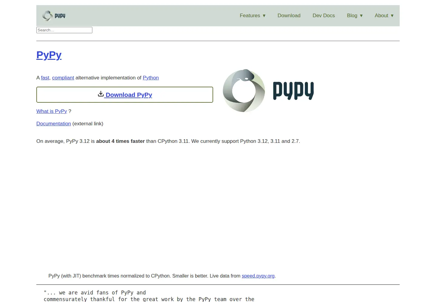Captured homepage of pypy.org in the current scan