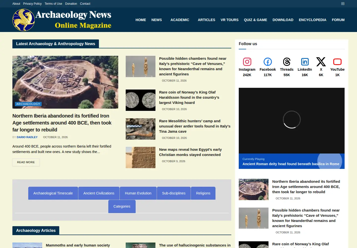 Captured homepage of archaeologymag.com in the current scan