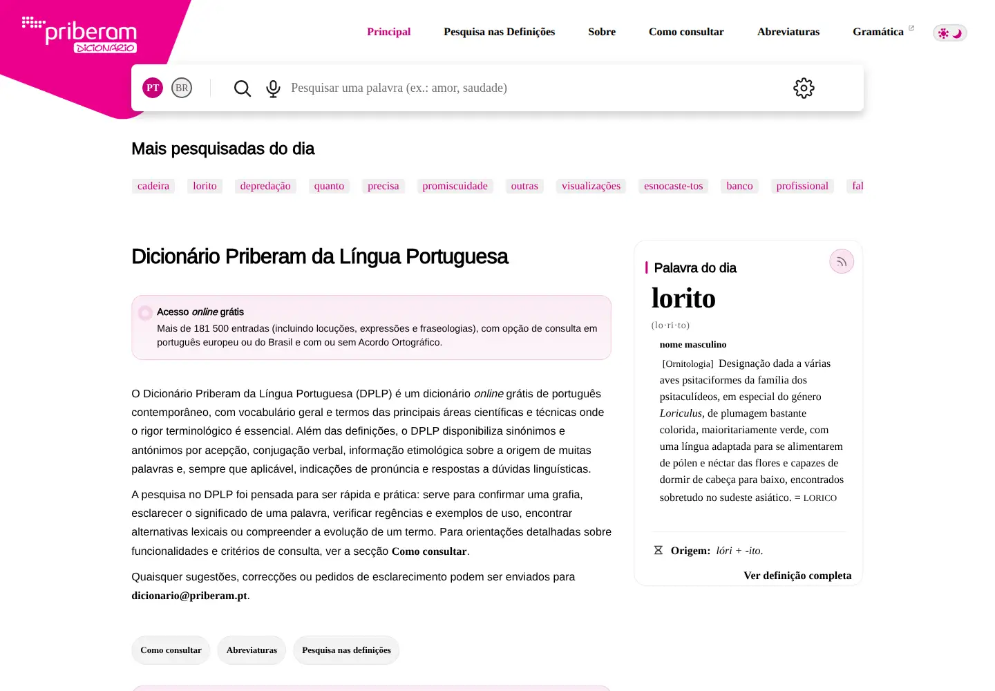 Screenshot of priberam.org