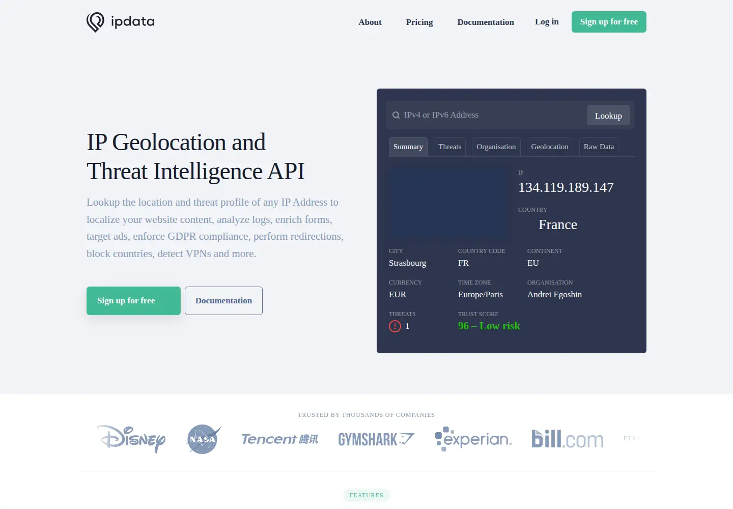 Captured homepage of ipdata.co in the current scan