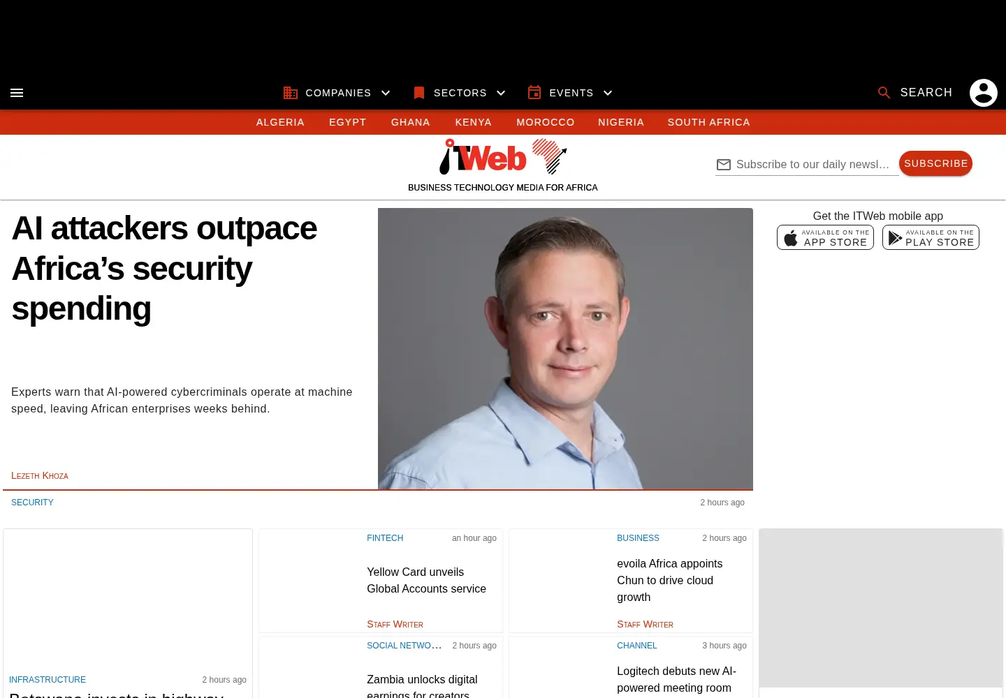 Captured homepage of itweb.africa in the current scan