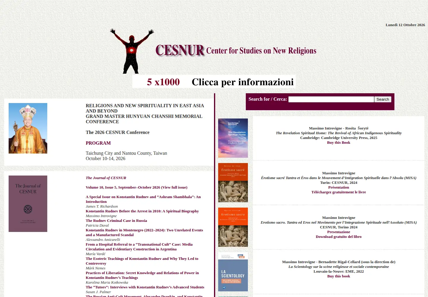 Captured homepage of cesnur.org in the current scan