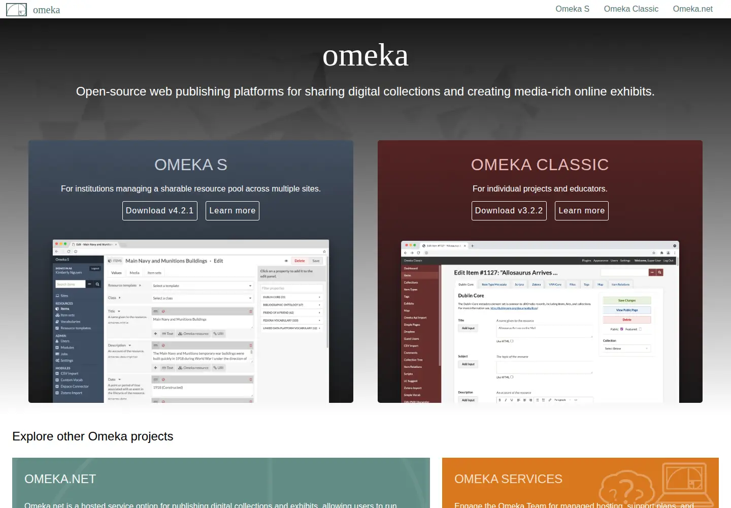 Captured homepage of omeka.org in the current scan
