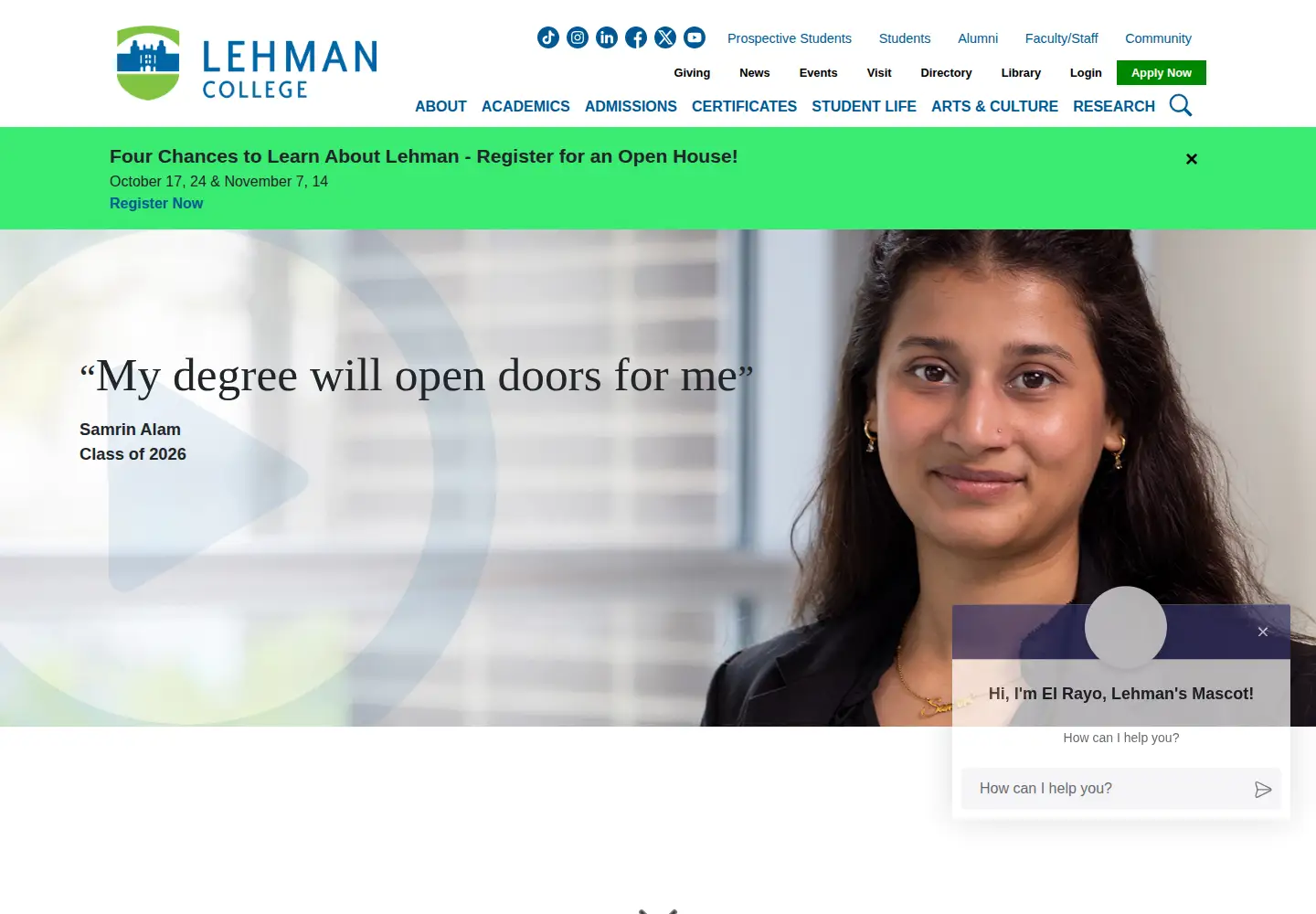 Captured homepage of lehman.edu in the current scan