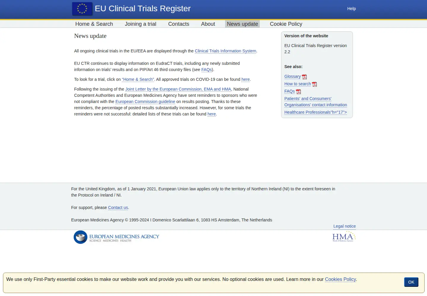Screenshot of clinicaltrialsregister.eu
