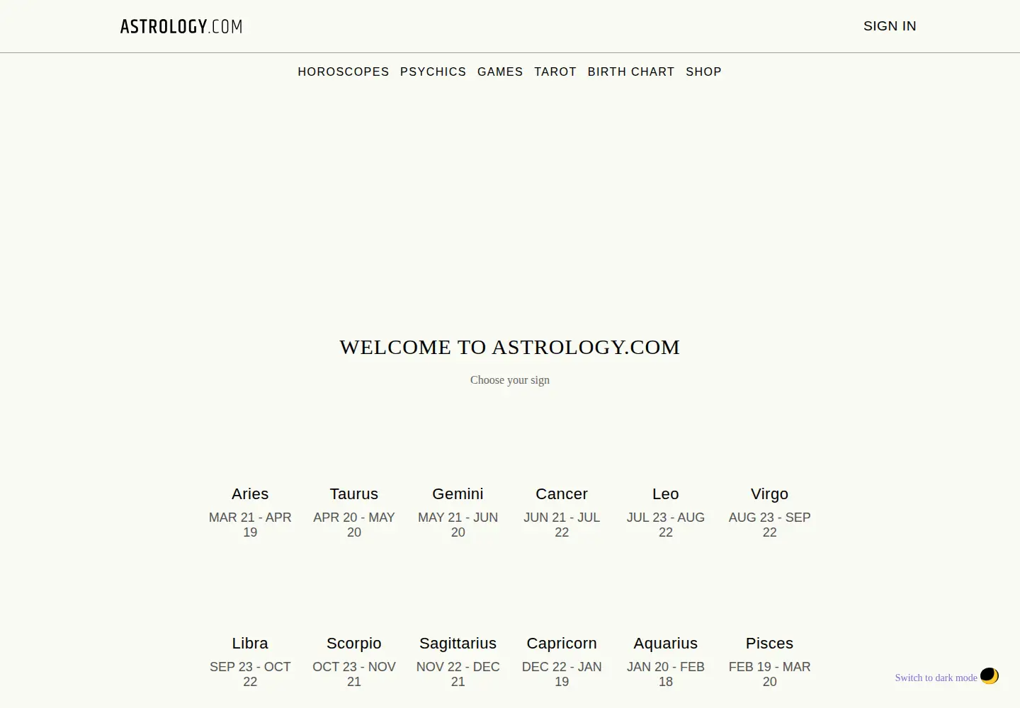 Screenshot of astrology.com