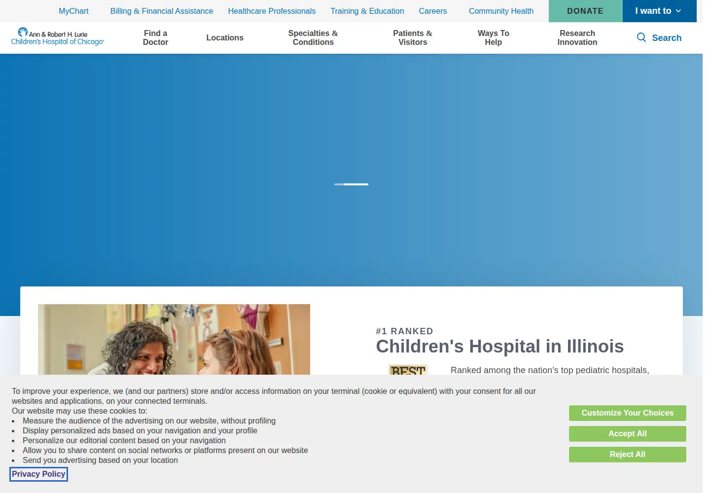 Captured homepage of luriechildrens.org in the current scan