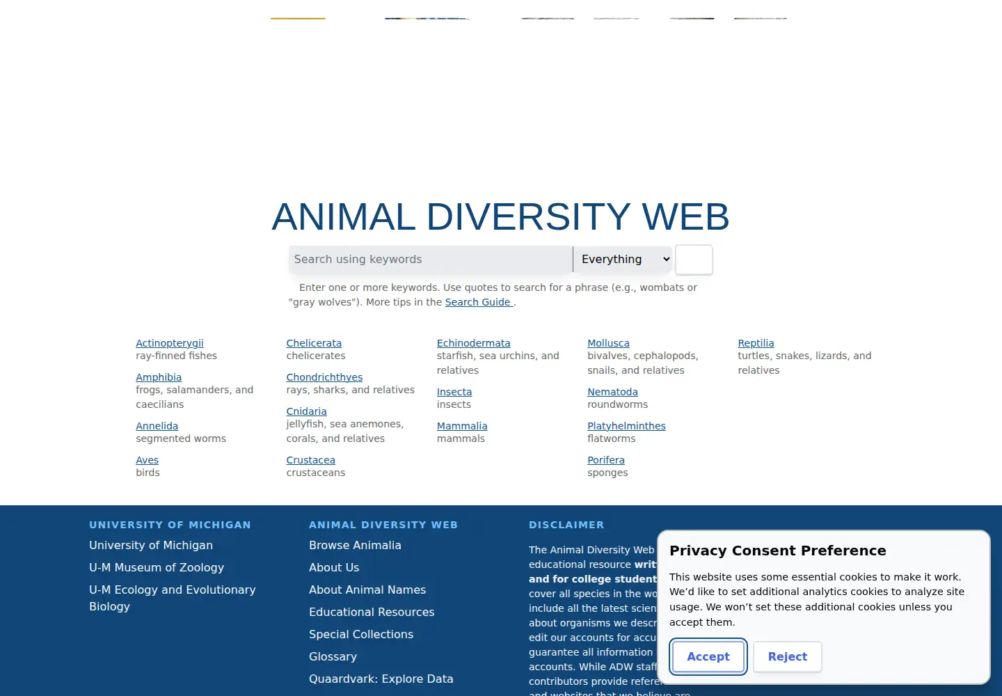 Screenshot of animaldiversity.org