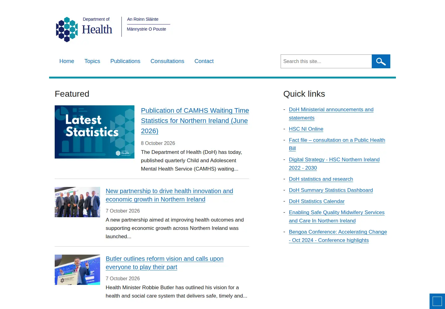 Captured homepage of health-ni.gov.uk in the current scan
