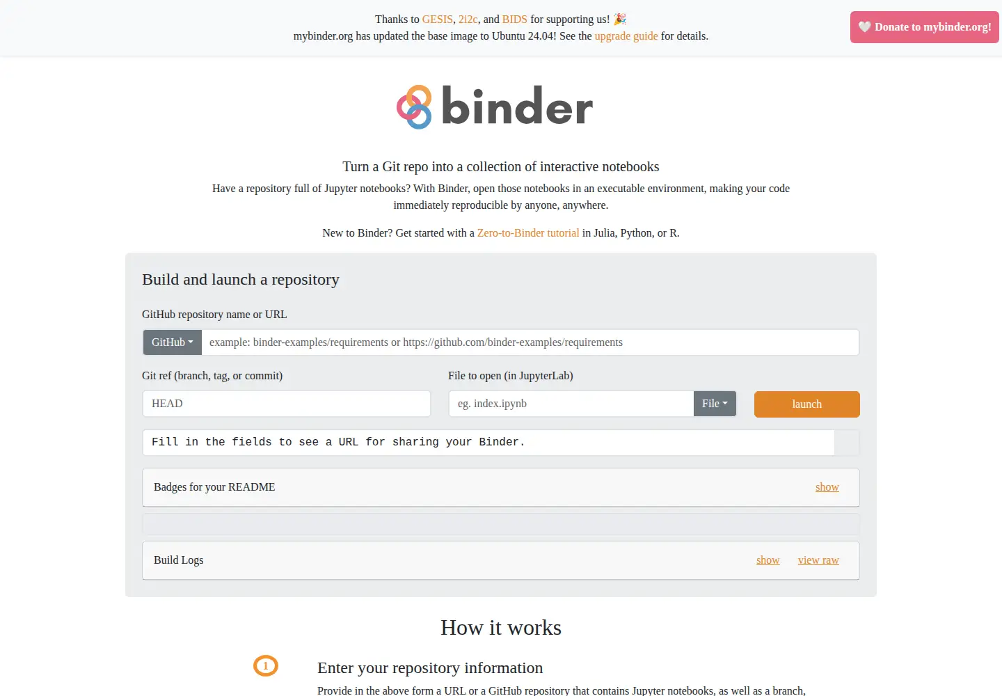 Captured homepage of mybinder.org in the current scan