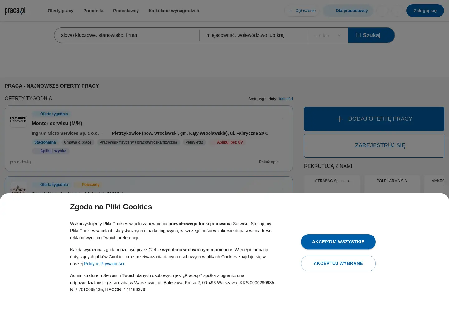Captured homepage of praca.pl in the current scan