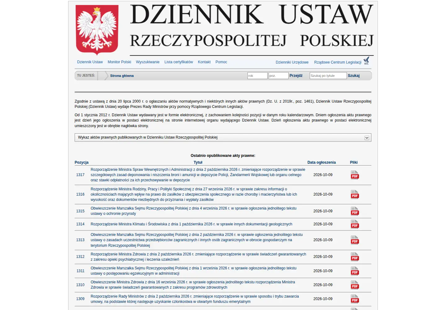 Screenshot of dziennikustaw.gov.pl