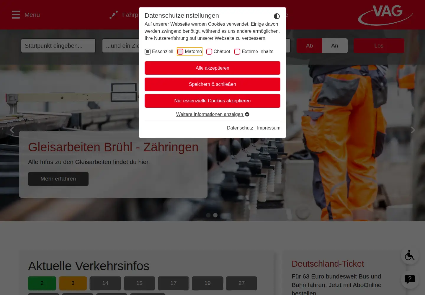 Captured homepage of vag-freiburg.de in the current scan