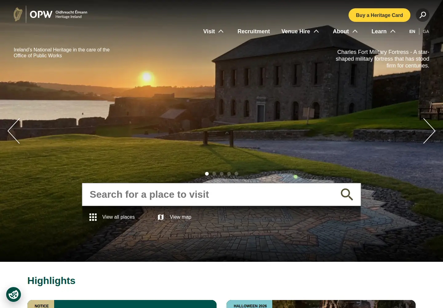 Captured homepage of heritageireland.ie in the current scan