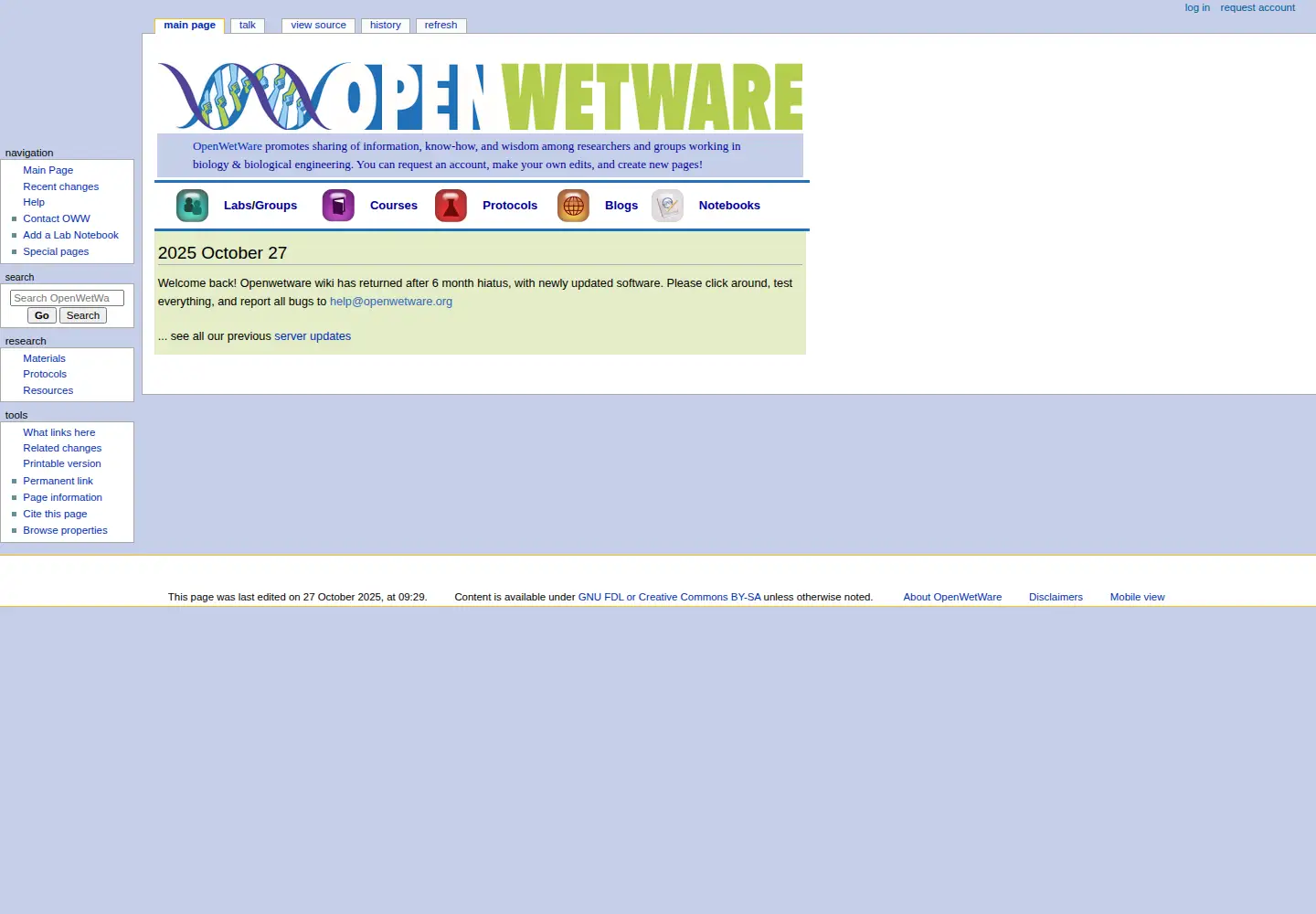 Captured homepage of openwetware.org in the current scan