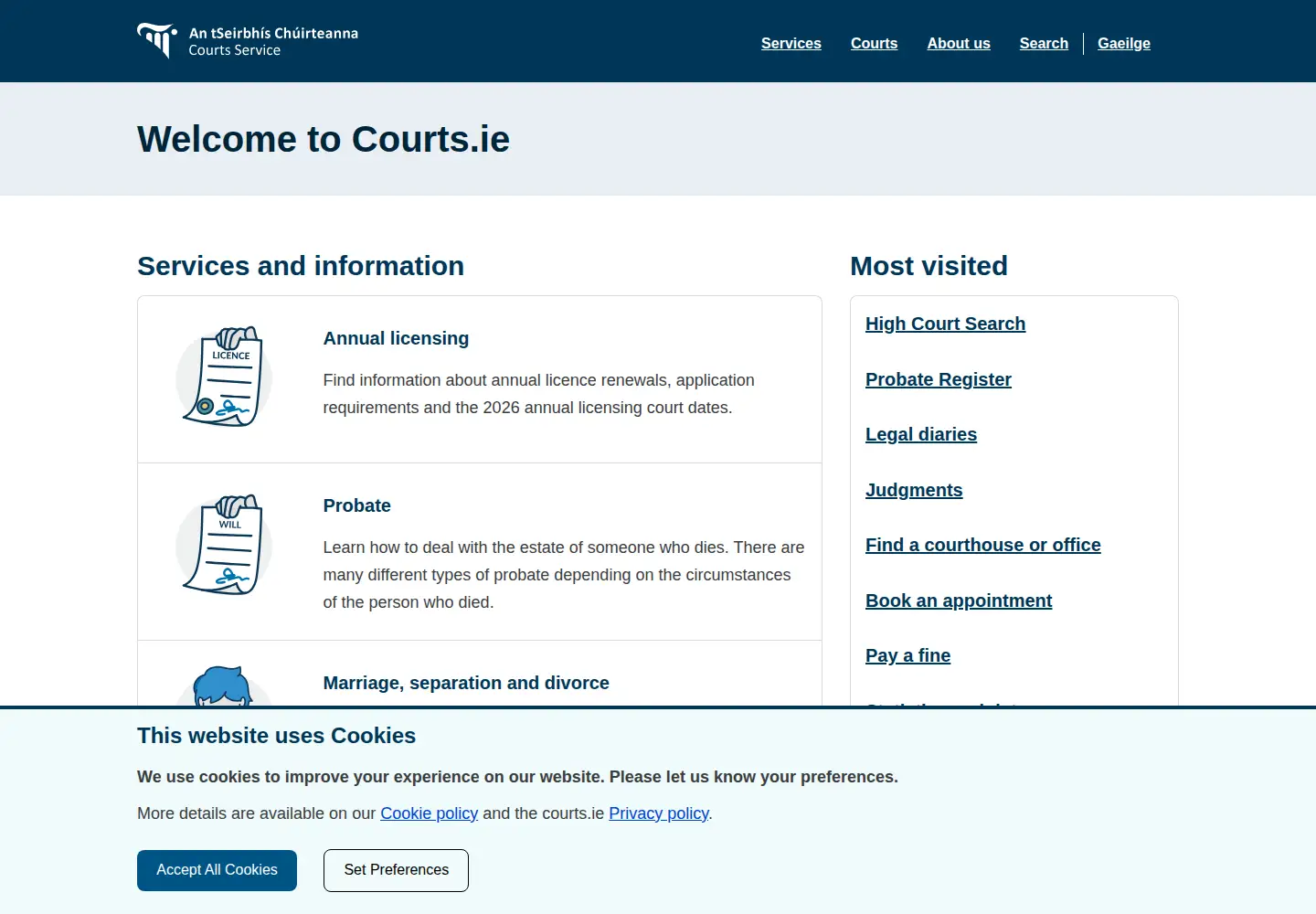 Captured homepage of courts.ie in the current scan