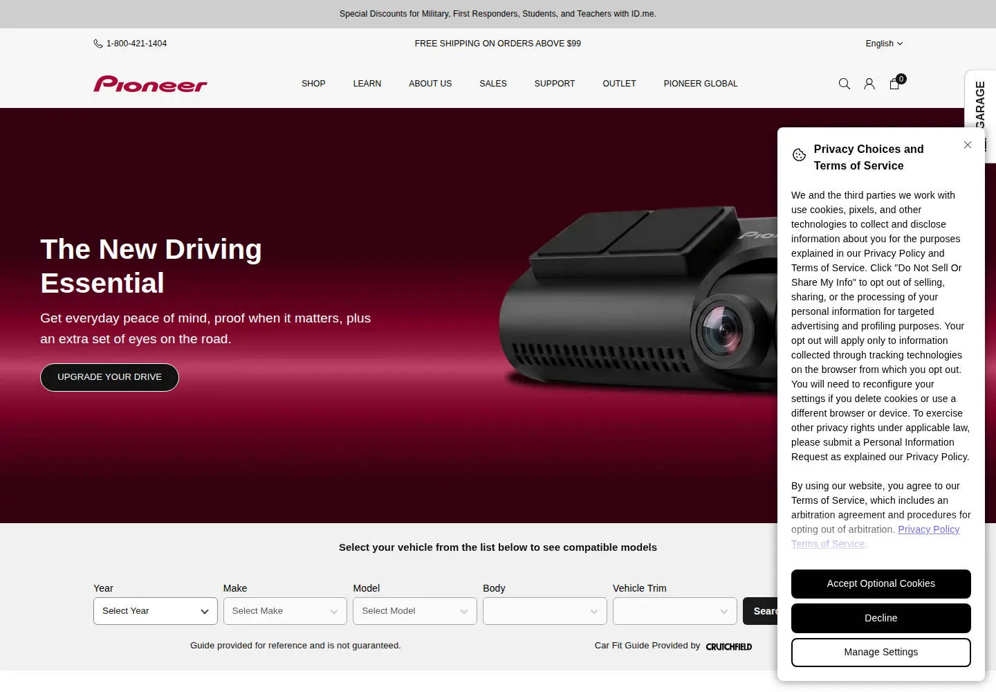 Captured homepage of pioneerelectronics.com in the current scan
