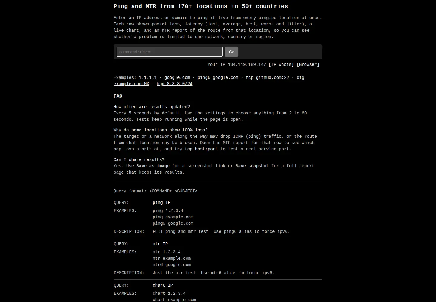 Captured homepage of ping.pe in the current scan