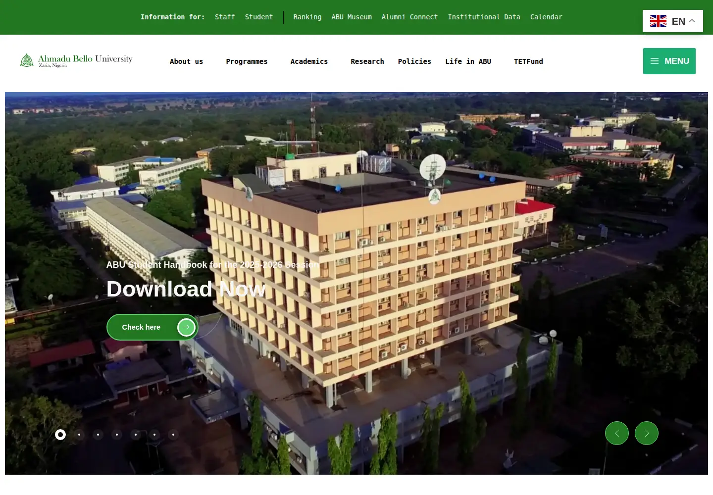 Captured homepage of abu.edu.ng in the current scan