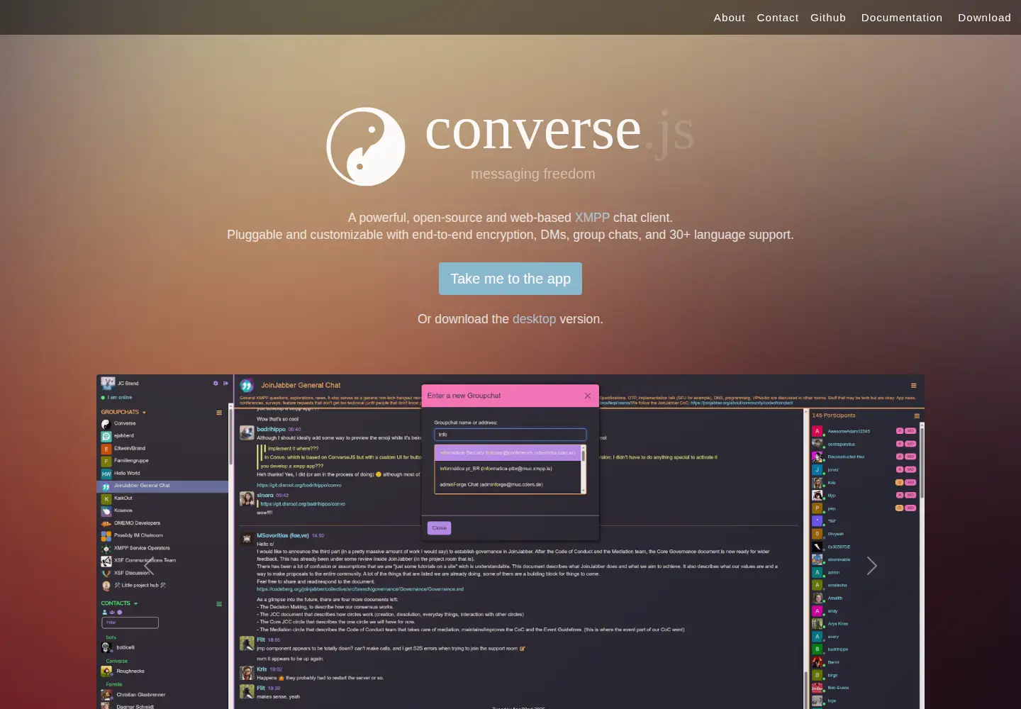 Screenshot of conversejs.org