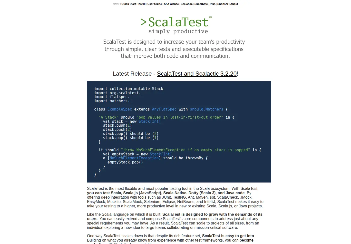 Captured homepage of scalatest.org in the current scan
