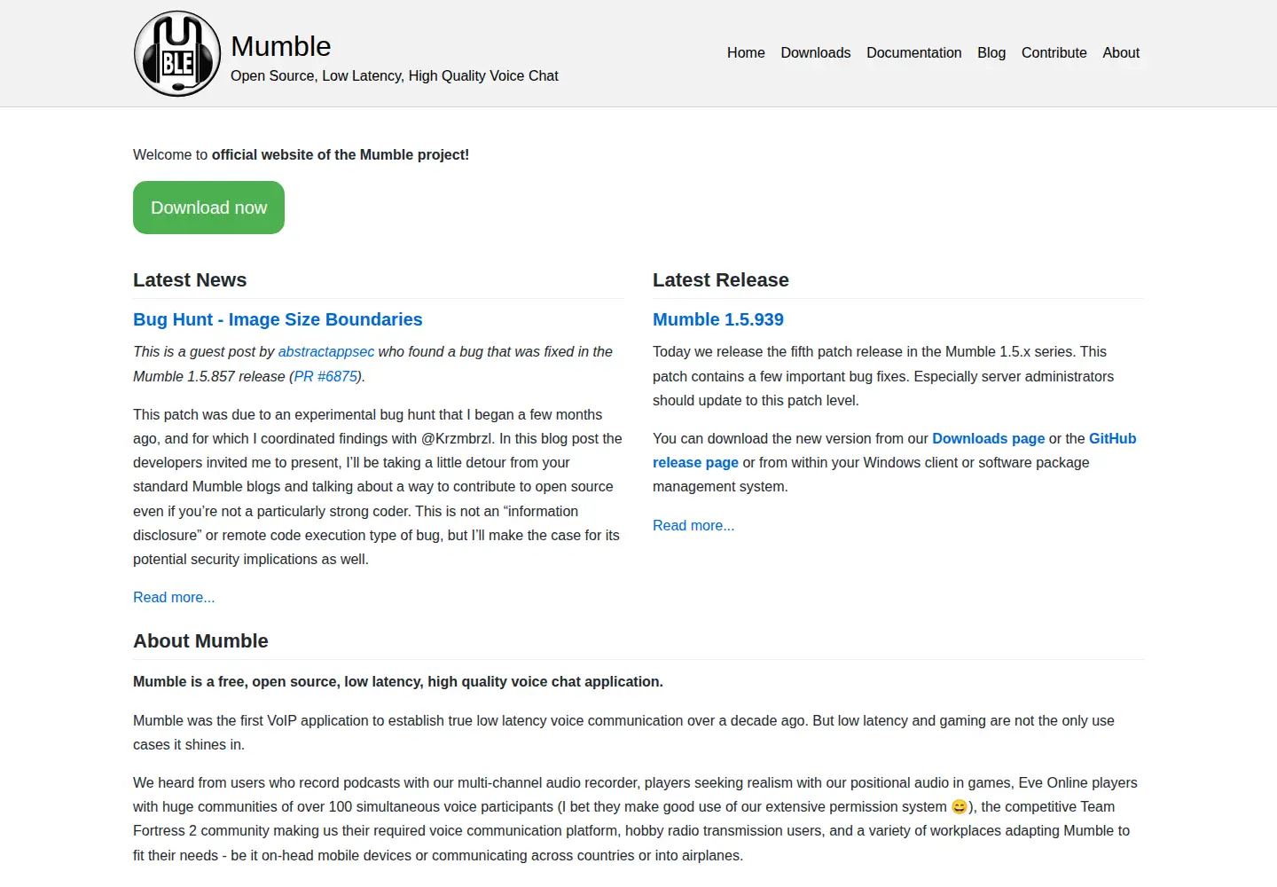 Captured homepage of mumble.info in the current scan